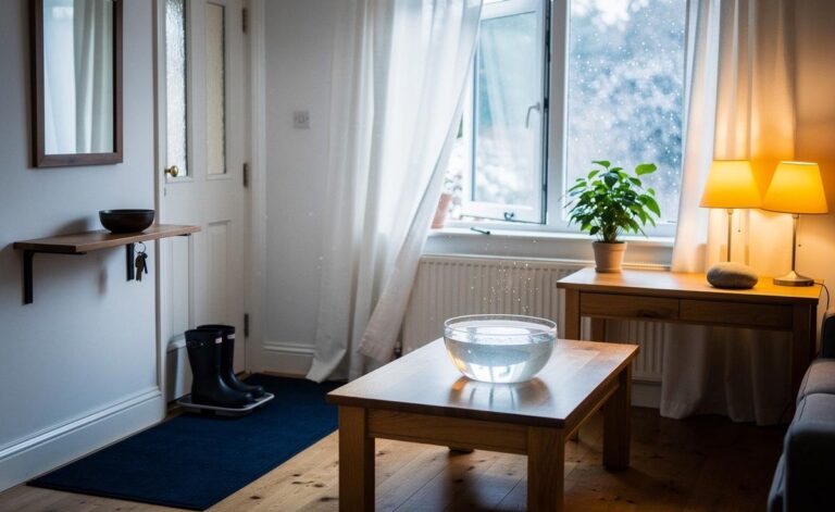Illustration of three Feng Shui adjustments for balance on 8 January 2026: a home’s centre reset with fresh air, brighter light, and a salt‑water bowl; a North entry micro‑zoned with a Water element cue; and bedroom and desk command positions anchored by a plant and stone.