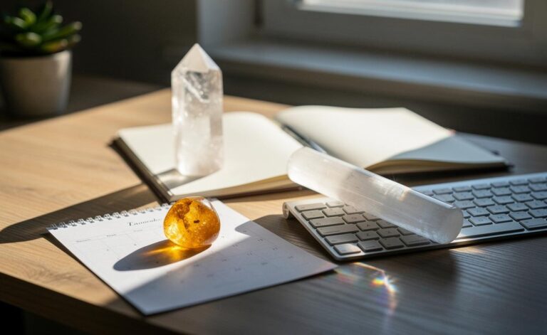 Illustration of Clear Quartz, Selenite, and Citrine arranged on a desk beside a notebook and keyboard to represent energy-amplifying routines