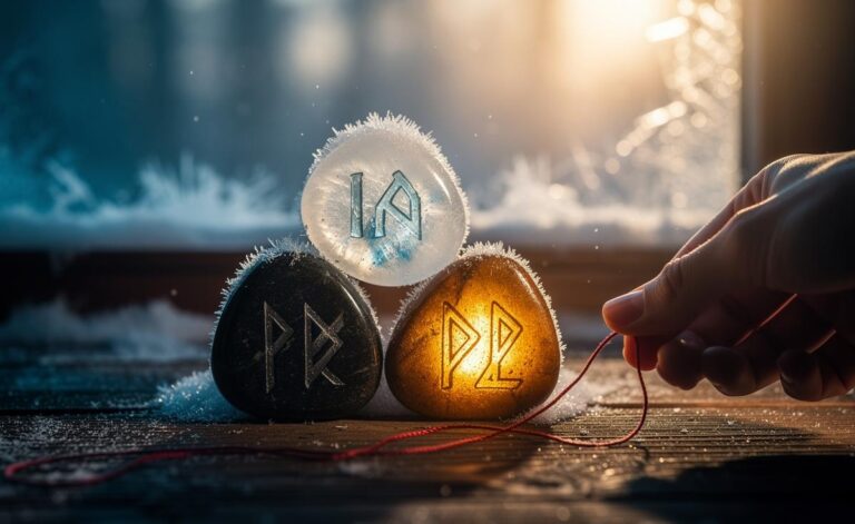 Illustration of rune stones Nauthiz, Isa, and Dagaz cast on 7 January 2026, signalling three signs to let go