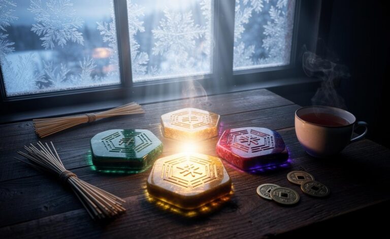 Illustration of the five I Ching hexagrams (24, 26, 49, 46, 61) with the strongest energy on 7 January 2026