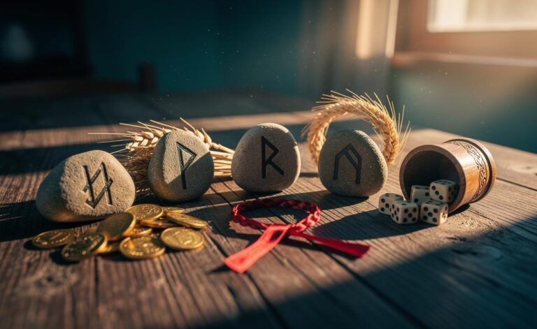 Illustration of five Elder Futhark runes—Fehu, Jera, Gebo, Perthro, and Dagaz—signalling abundance and luck on 7 January 2026