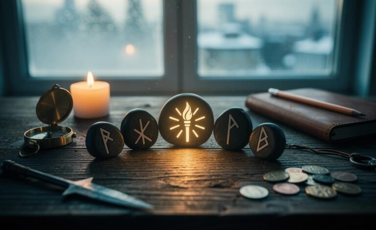 Illustration of five runes—Kenaz, Fehu, Tiwaz, Raidho, and Sowilo—used as a practical guide to ignite ambitions on 9 January 2026