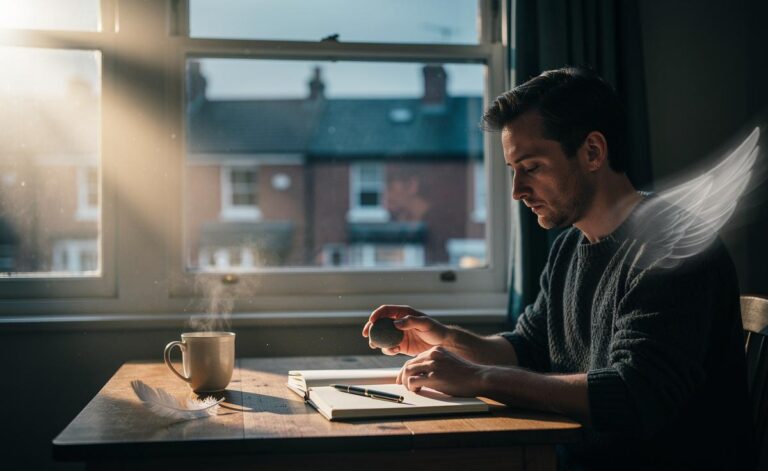 Illustration of a UK winter morning ritual inspired by angels, with a person breathing calmly, holding a small token, and writing in a guidance journal
