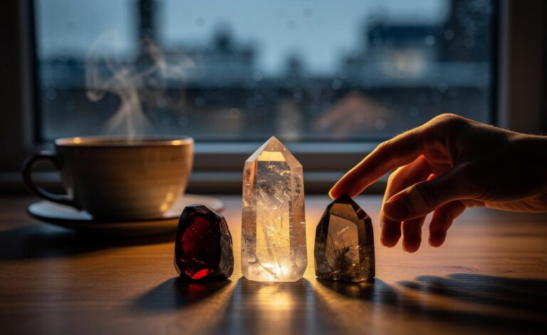 Illustration of crystal guidance for 7 January 2026 featuring Garnet, Clear Quartz, and Smoky Quartz for a five-minute grounding and healing ritual