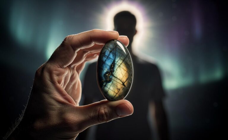 Illustration of labradorite with iridescent labradorescence used to strengthen the aura