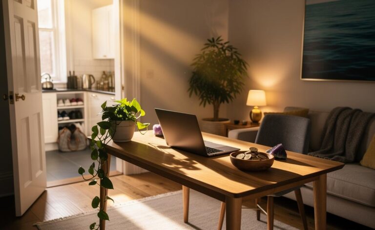 Illustration of a sunlit home workspace in command position with a thriving plant in the southeast wealth corner, a tidy entryway, and warm lighting, reflecting a daily Feng Shui prosperity routine