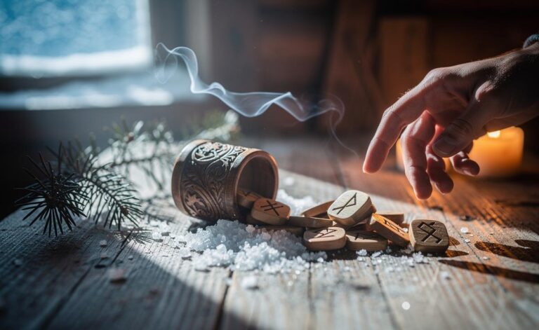 Illustration of a daily rune cast for 7 January 2026 featuring Perthro, Eihwaz, Ansuz, and Hagalaz, signalling an unexpected insight