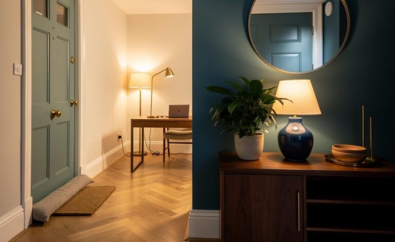 Illustration of a UK home interior arranged with feng shui principles—layered warm lighting, a clear entryway, balanced Five Elements, plants, and a desk in the command position—optimising energy flow on 8 January 2026