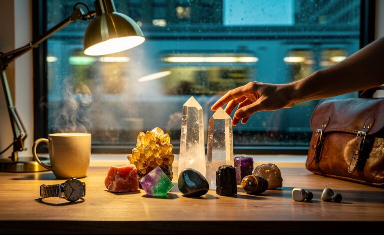 Illustration of a UK midwinter morning desk and commuter kit with citrine, carnelian, clear quartz, hematite, fluorite, black tourmaline, smoky quartz, and tiger’s eye used to energise the day on 8 January 2026