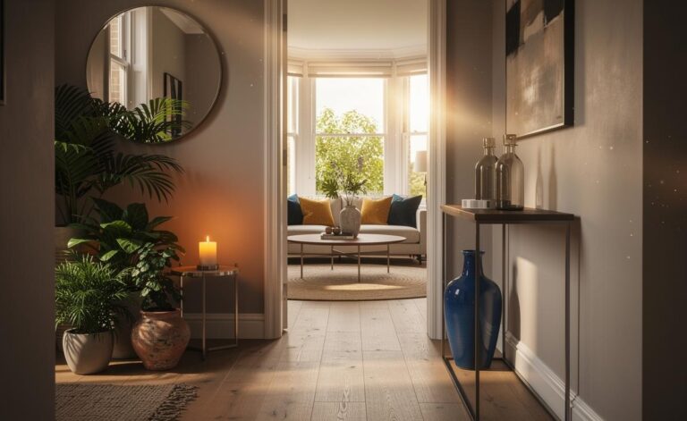 Illustration of a UK home interior arranged with Feng Shui principles to enhance energy flow, featuring a clear entryway, healthy plants, balanced five elements, and soft lighting