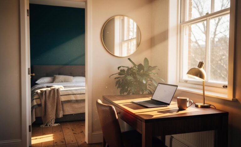 Illustration of Feng Shui direction alignment enhancing chi in a UK home on 9 January 2026, featuring a desk in command position, a headboard on a solid wall, and winter sunlight from the southeast and southwest