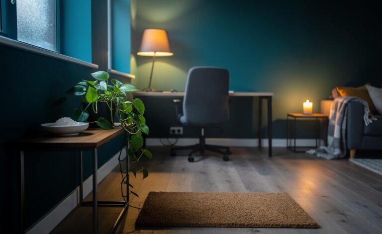 Illustration of a UK winter home arranged for Feng Shui balance on 9 January 2026, highlighting Water-element tweaks with a decluttered entry and salt bowl, a North-sector desk with task light and rounded plant, and a mirror drawing in soft light