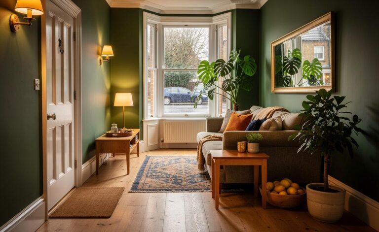 Illustration of a UK home interior harmonised with feng shui for January 2026, showing a decluttered entry, a sofa in the command position, warm layered lighting, healthy plants, and a mirror angled to reflect natural light