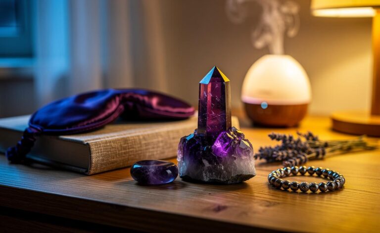Illustration of a violet amethyst quartz stone used in modern healing rituals and sleep routines