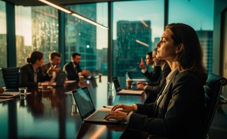 Illustration of deep breathing exercises to manage stress in hectic meetings