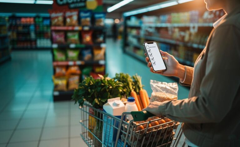 Illustration of a shopper using a shopping list to prevent impulse spending on groceries
