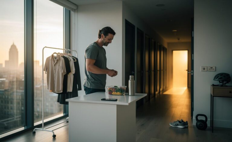 Illustration of the Default‑Then‑Deliberate trick reducing decision fatigue through personal defaults and clear override rules in daily routines