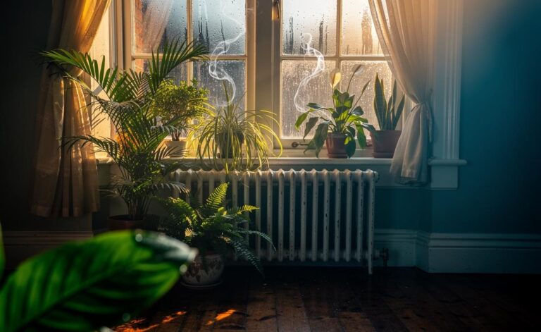 Illustration of indoor plants improving air circulation in a damp UK home