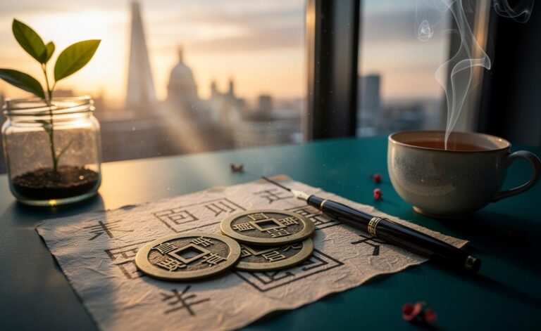 Illustration of I Ching coins and hexagrams symbolising new beginnings