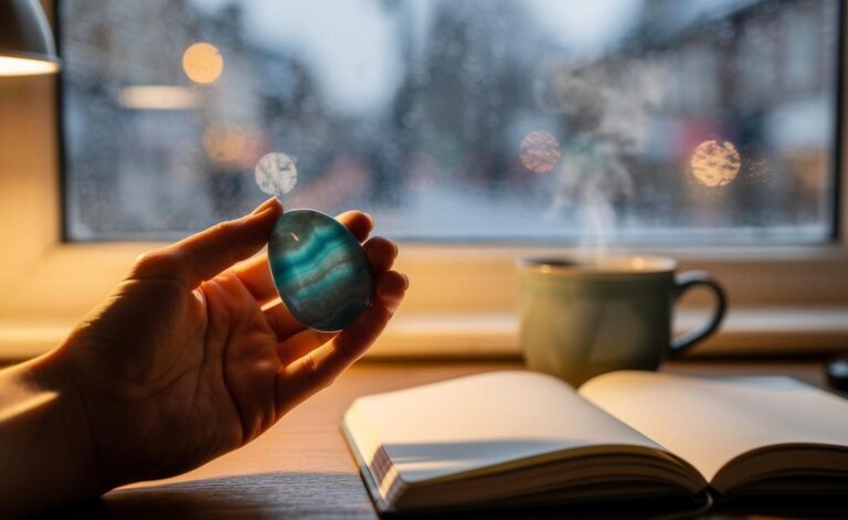 Illustration of Blue Lace Agate fostering emotional calm