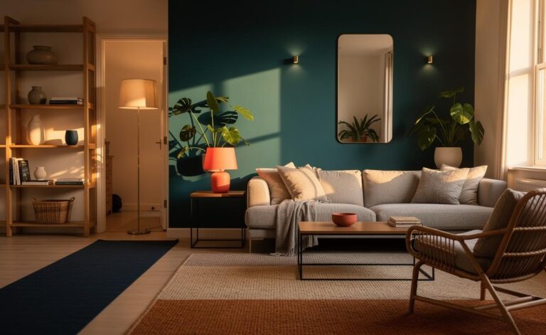 Illustration of a clutter-free UK living room applying feng shui principles with a command-position sofa, clear pathways, layered lighting, a well-placed mirror, and healthy plants