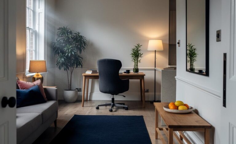 Illustration of a UK home interior revitalised with Feng Shui on 8 January 2026, featuring a decluttered entryway, warm layered lighting, healthy plants, and furniture arranged in the command position with a subtle Bagua reference