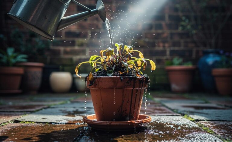 Illustration of overwatered home garden plants with waterlogged soil, yellowing foliage, and a watering can causing runoff