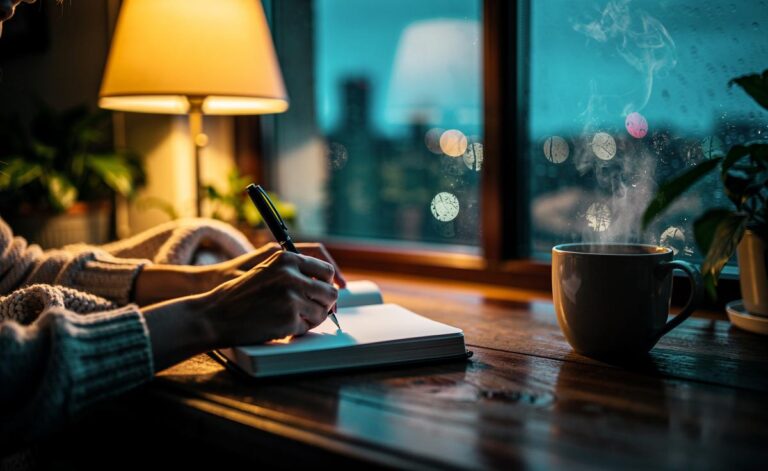 Illustration of a person writing in a gratitude journal to support long-term happiness