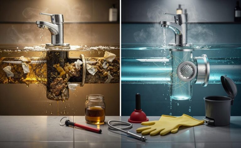 Illustration of what causes drains to clog and simple ways to keep water flowing smoothly