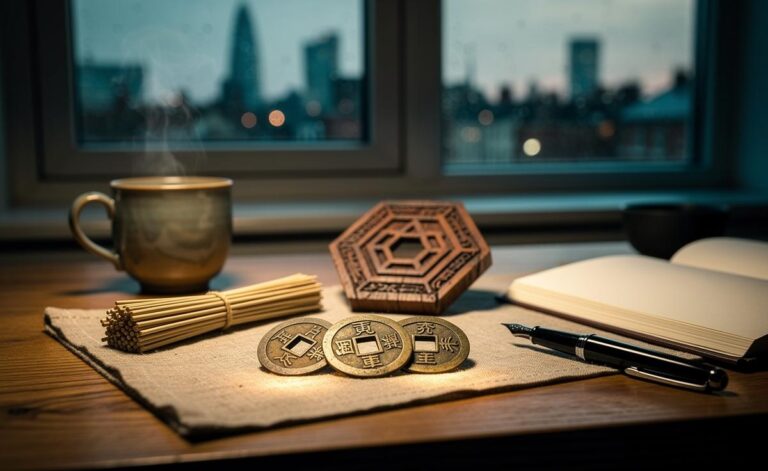 Illustration of an I Ching consultation on January 7, 2026, featuring coins, hexagrams, and a desk calendar highlighting the date