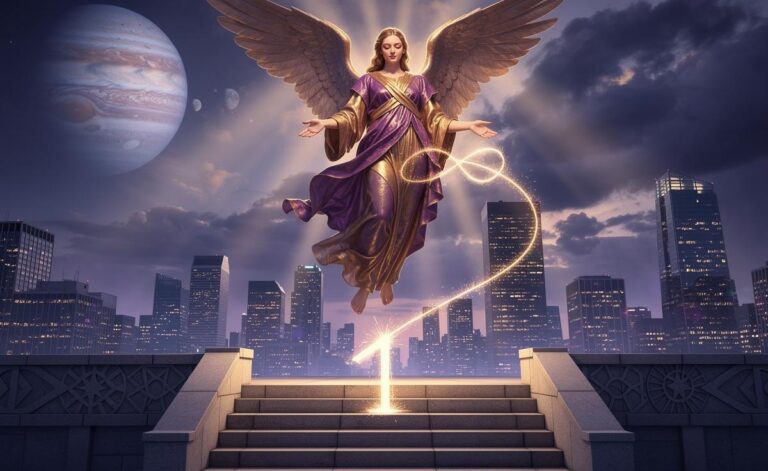 Illustration of an angelic guide linked to Jupiter (Zadkiel or Sachiel) over a calendar dated 8 January 2026, with Number Eight (8) and Universal Day One (1) symbols representing mercy, structure, and initiative