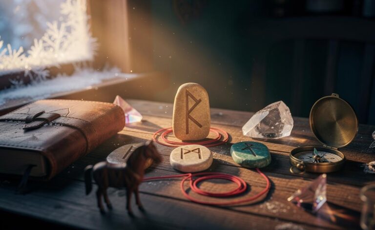 Illustration of Raido guiding the way on January 8, 2026, with Ehwaz, Isa, and Dagaz as supporting runes