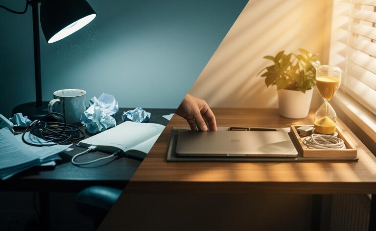 Illustration of five-minute daily decluttering transforming mental clarity