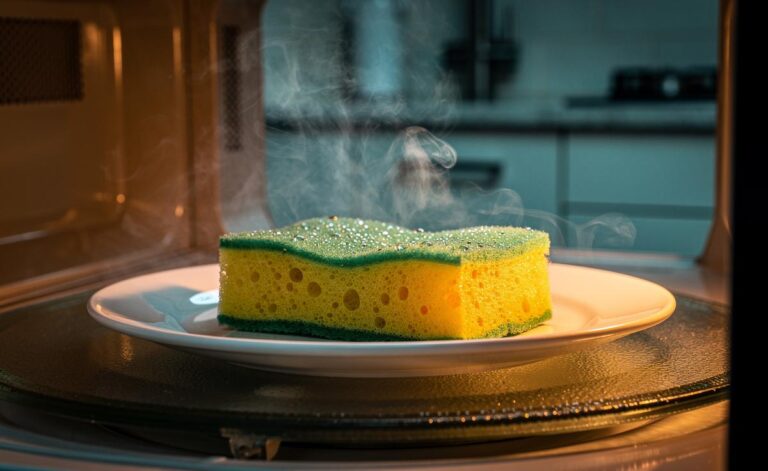 Illustration of microwaving a wet kitchen sponge to prevent germ colonies