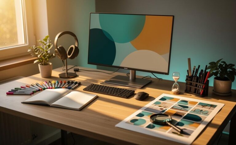 Illustration of an organised creative workspace designed to enhance creativity through clear zones, tidy tools, and a daily reset ritual