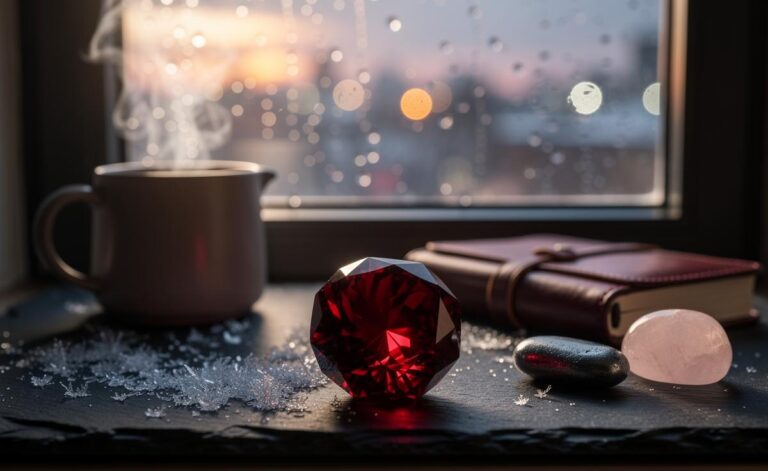 Illustration of a deep red Garnet crystal designated as the Crystal of the Day for 7 January 2026