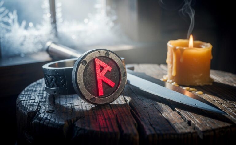 Illustration of the Tiwaz (ᛏ) rune, symbol of integrity, justice, and decisive action for 8 January 2026